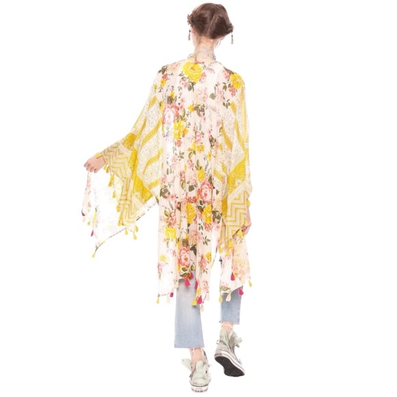 Aratta Color Story Mustard Floral Tassel Boho Hippie Open Front Kimono One Size - Picture 5 of 13